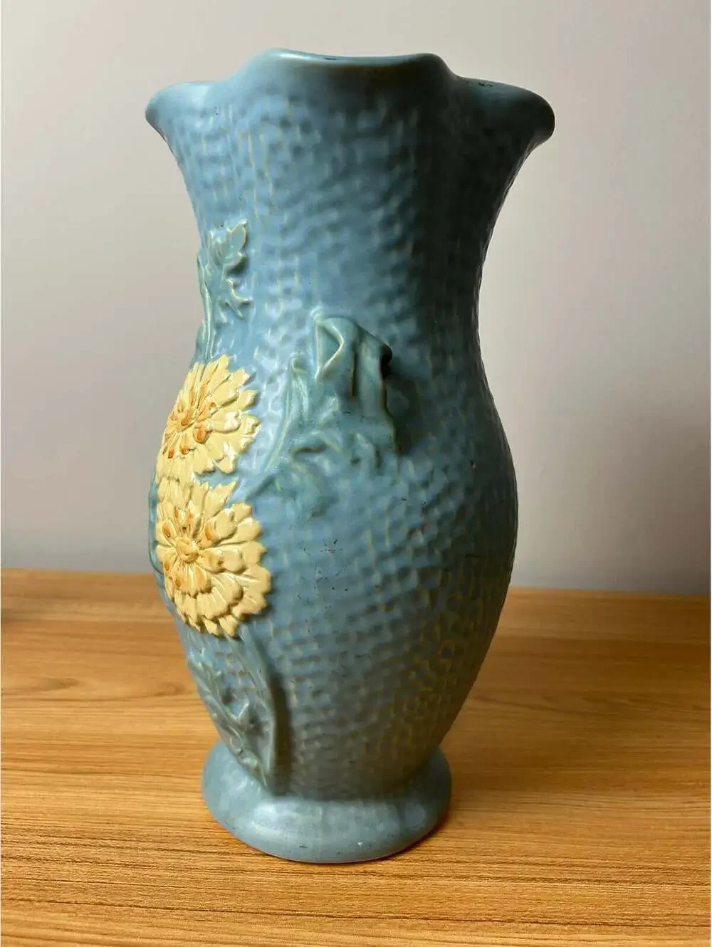 Weller Delsa Art Pottery Blue Dimpled Yellow Flower 13